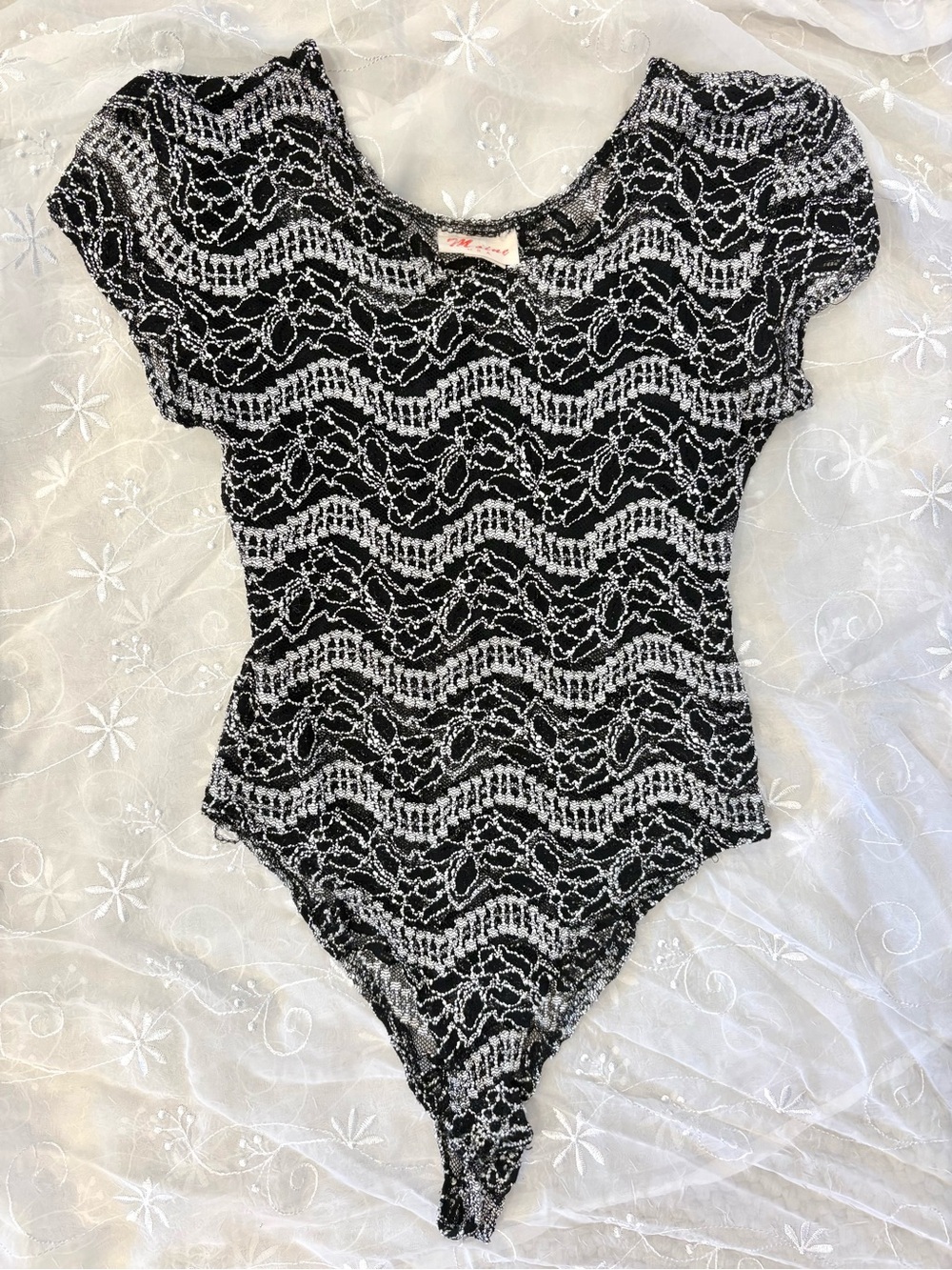 Rare Vintage Black & White Sparkly Lace-Pattern One Piece Bodysuit